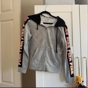Victoria's Secret Pink Gray Hoodie with Black Hood and Rose Gold Accents
